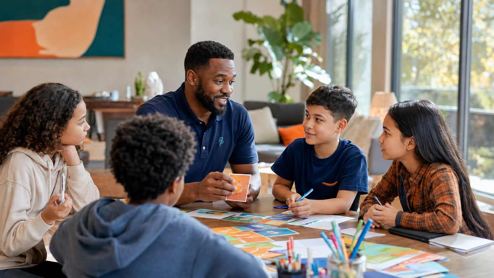 A behavioral health worker leading a practical skills activity with children and teens in a home setting