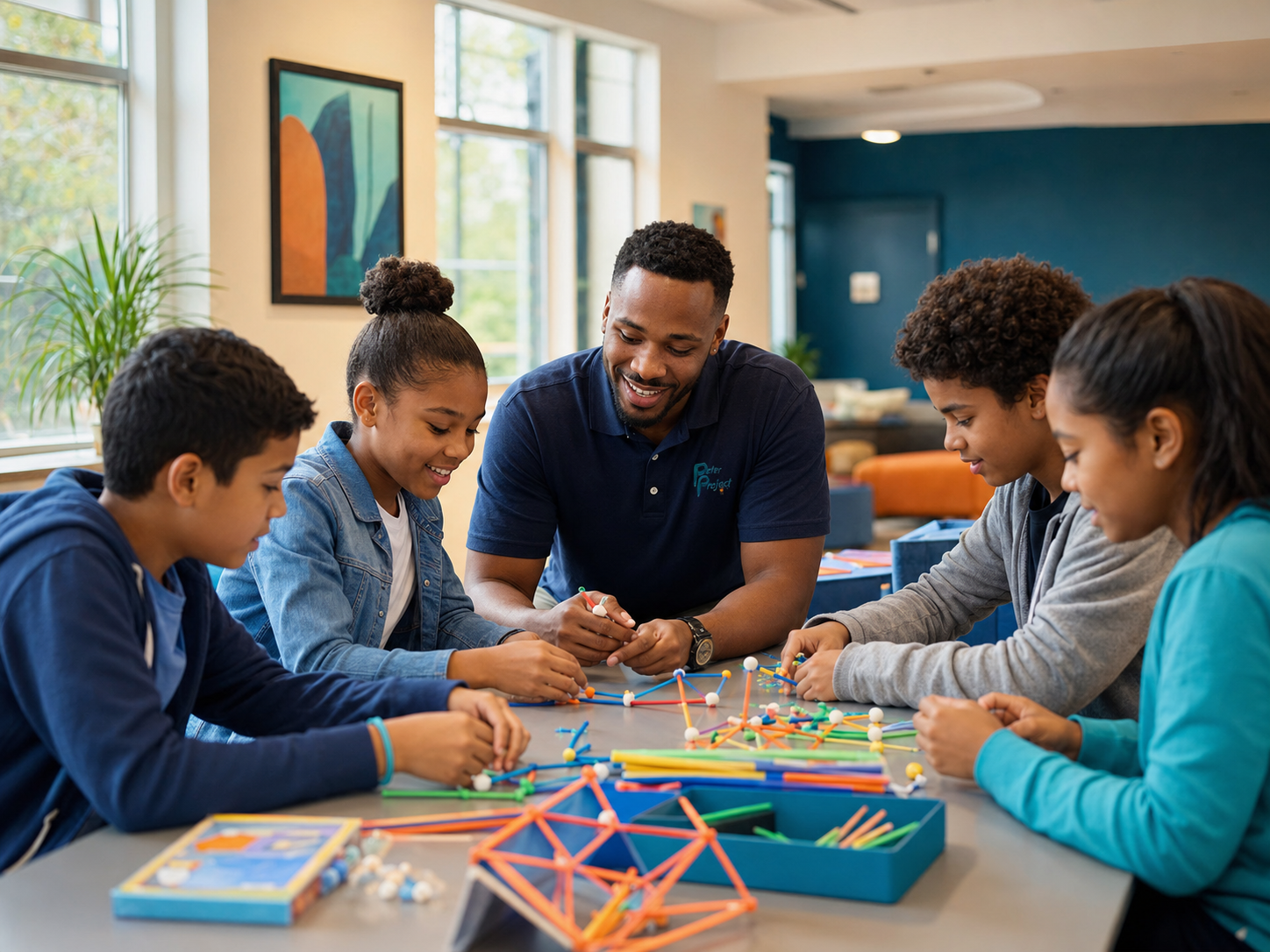 A behavioral health worker guiding children through a collaborative skills-building activity