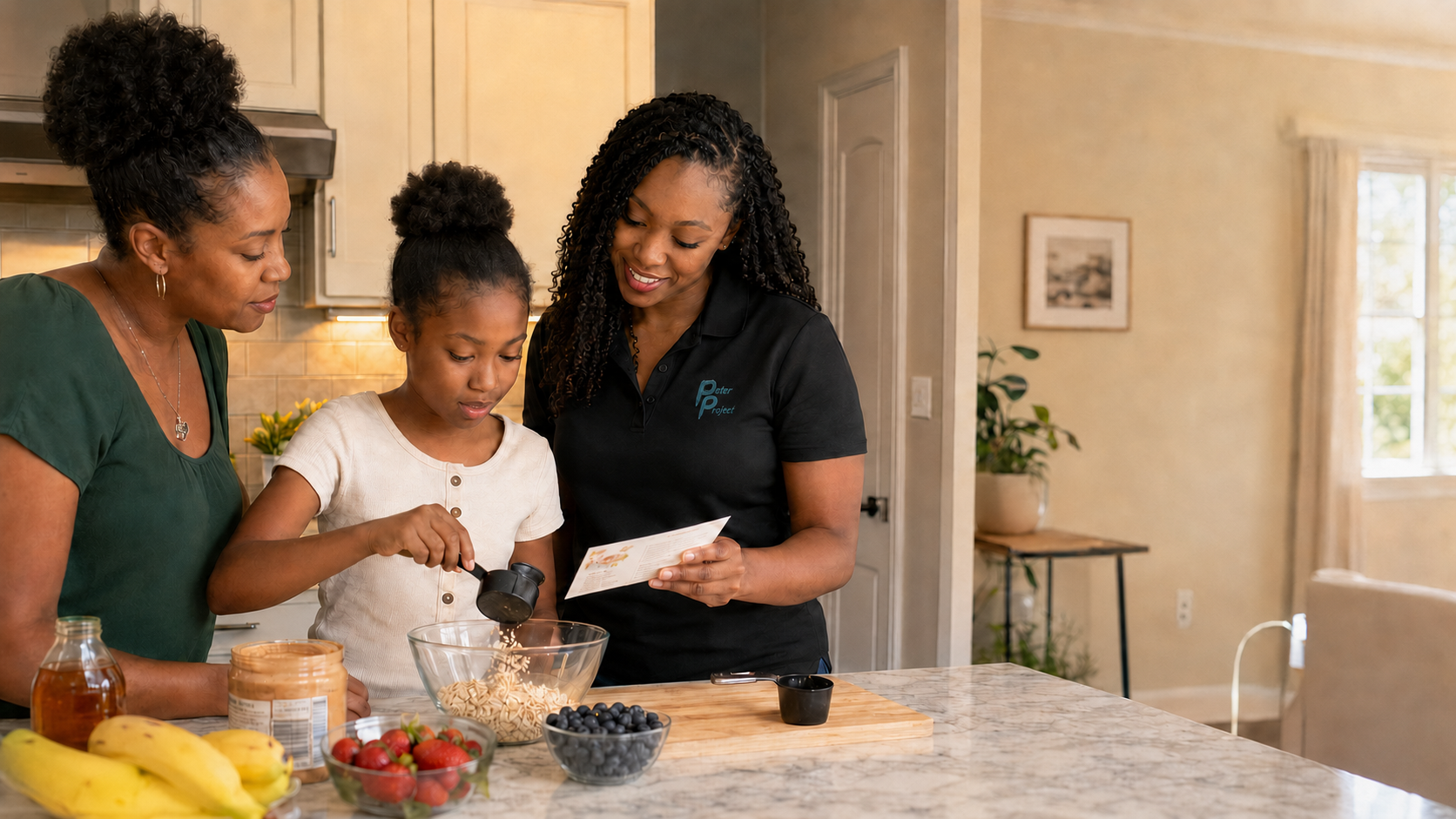A Peter Project worker helping a child and caregiver practice healthy meal preparation at home