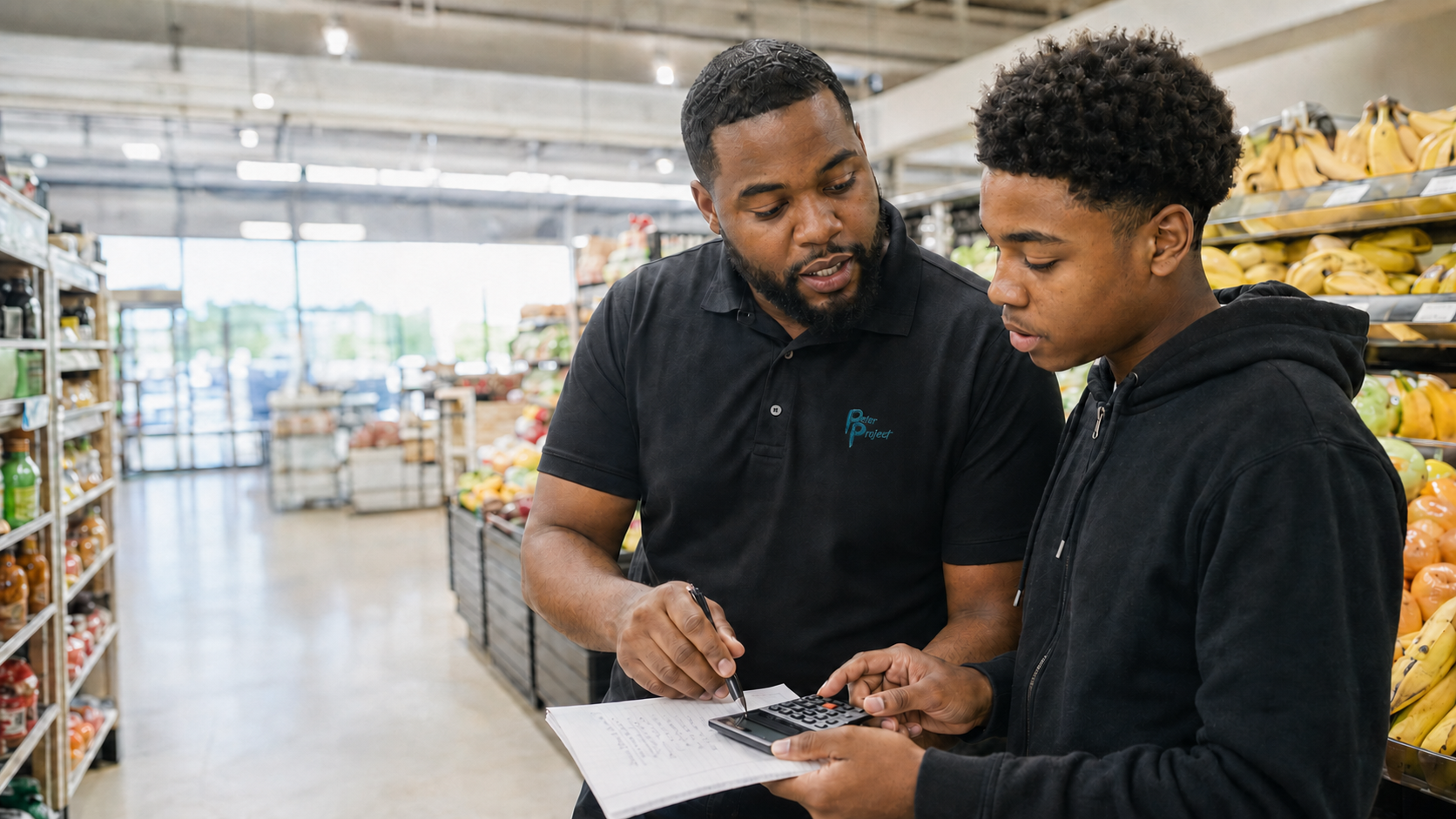 A Peter Project worker helping a teenager practice grocery budgeting
