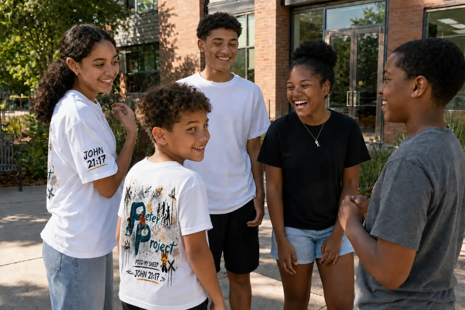 Children and teens connecting outside while wearing Peter Project shirts