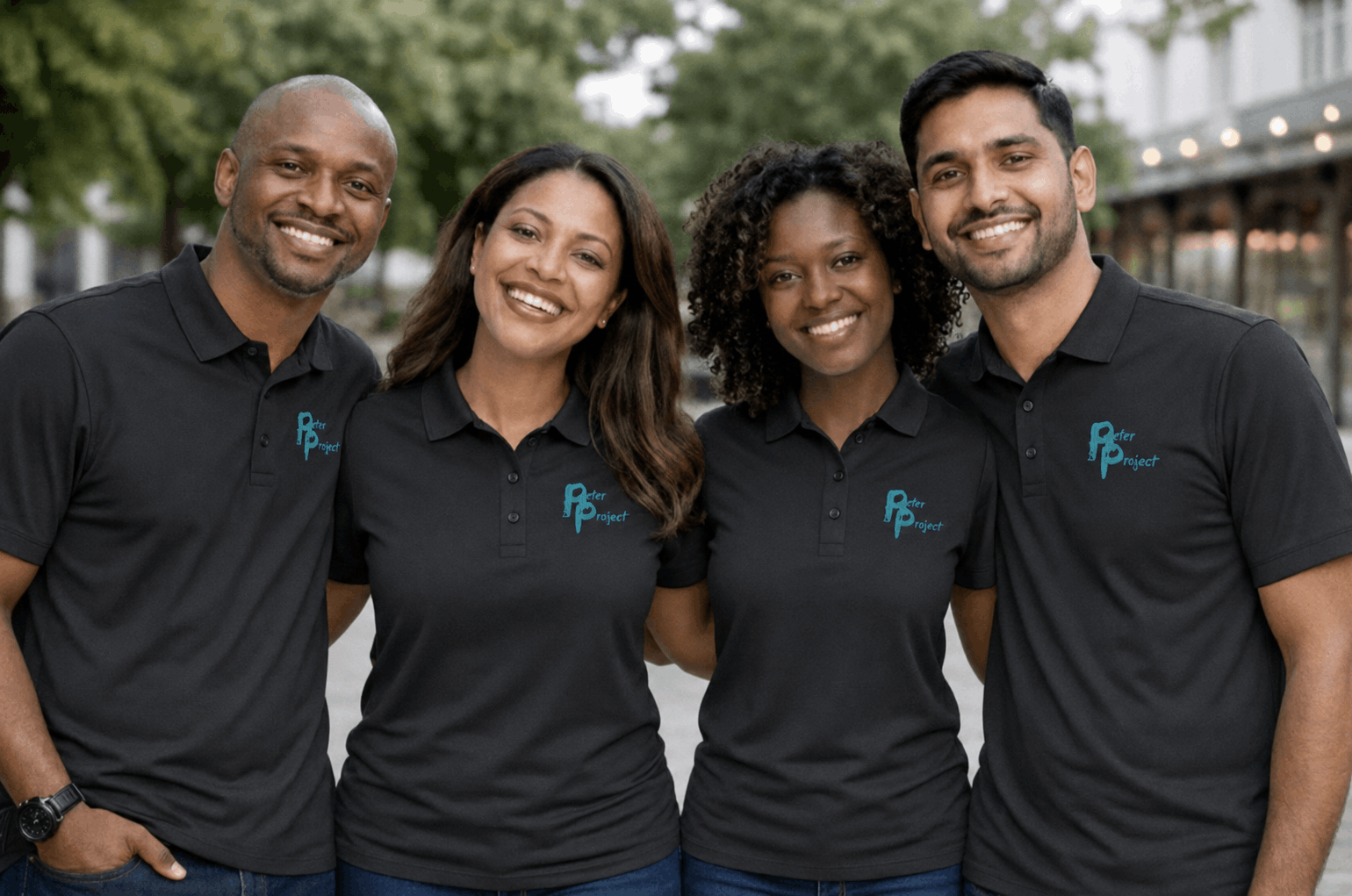 Peter Project Outreach team members wearing black branded polo shirts